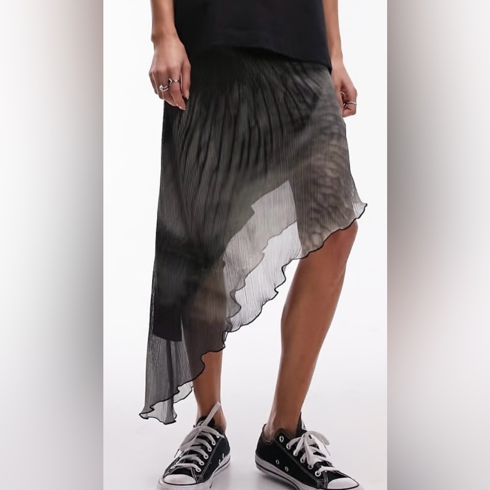 🆕 🖤 NWT TOPSHOP Asymmetric Mesh Midi Skirt in Black & Gray | Women’s 14